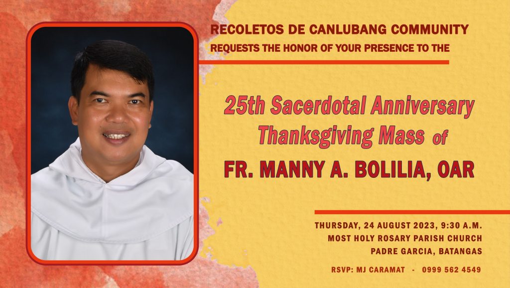 Invitation Rev. Fr. Manny Bolilia, OAR 25th Sacerdotal Anniversary Thanksgiving Mass
